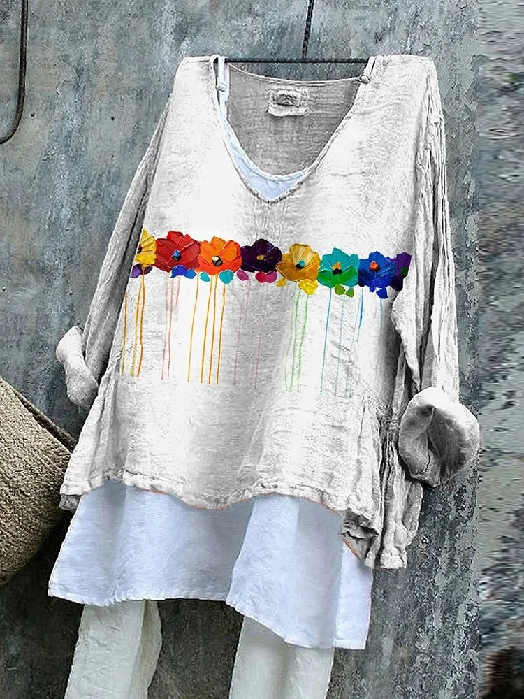 T-shirts Femmes en Lin Floral Printemps / Automne Polyester Col V Micro-élasticité Quotidien Manches Longues Régulier