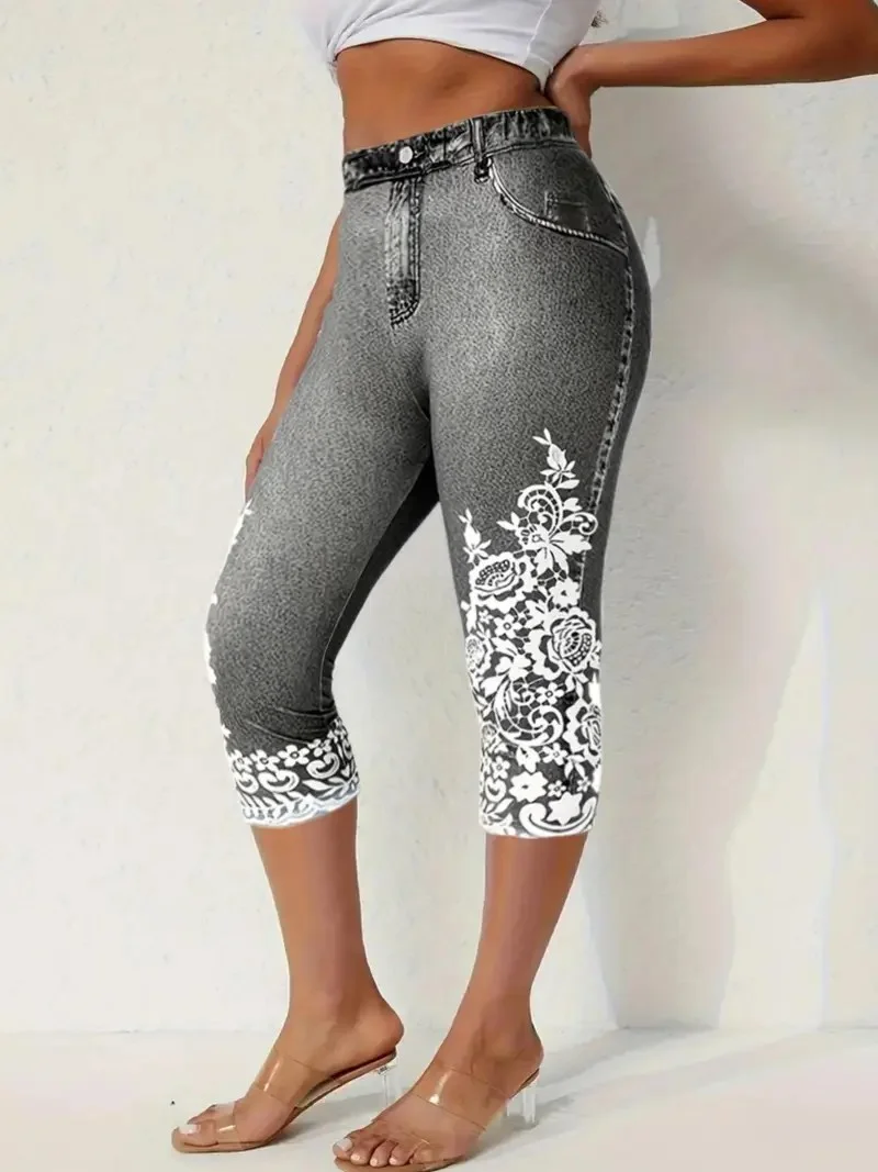 Pantalons Femmes Décontracté Été impression en 3D Naturel Taille Élastique Corsaire Legging Droit T.-N.-L.