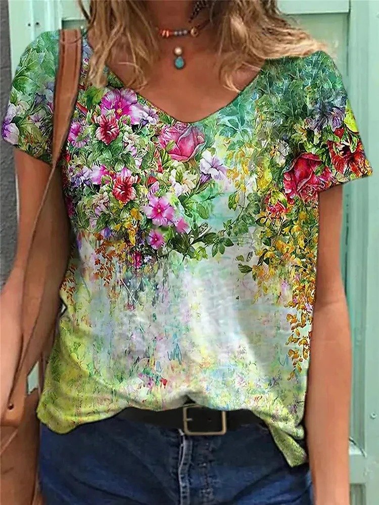 T-shirts Femmes Décontracté Floral Été Coton Col V Micro-élasticité Manches Courtes Régulier Trapèze