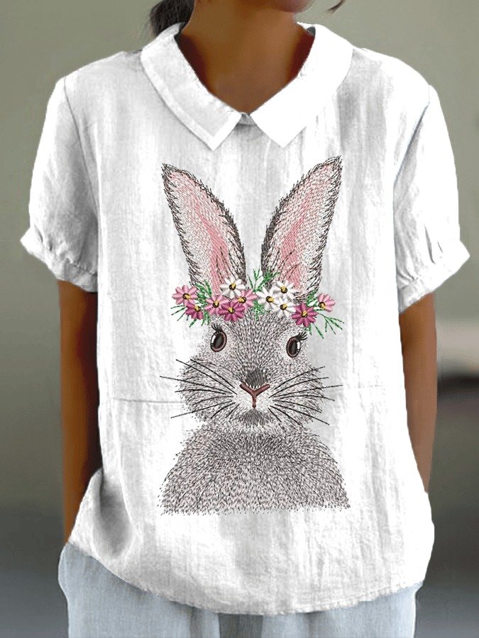 Blouses Femmes Élégant Été PÂQUES (lapin) Polyester Aucune élasticité Ample Demi Manche Col Châle Droit