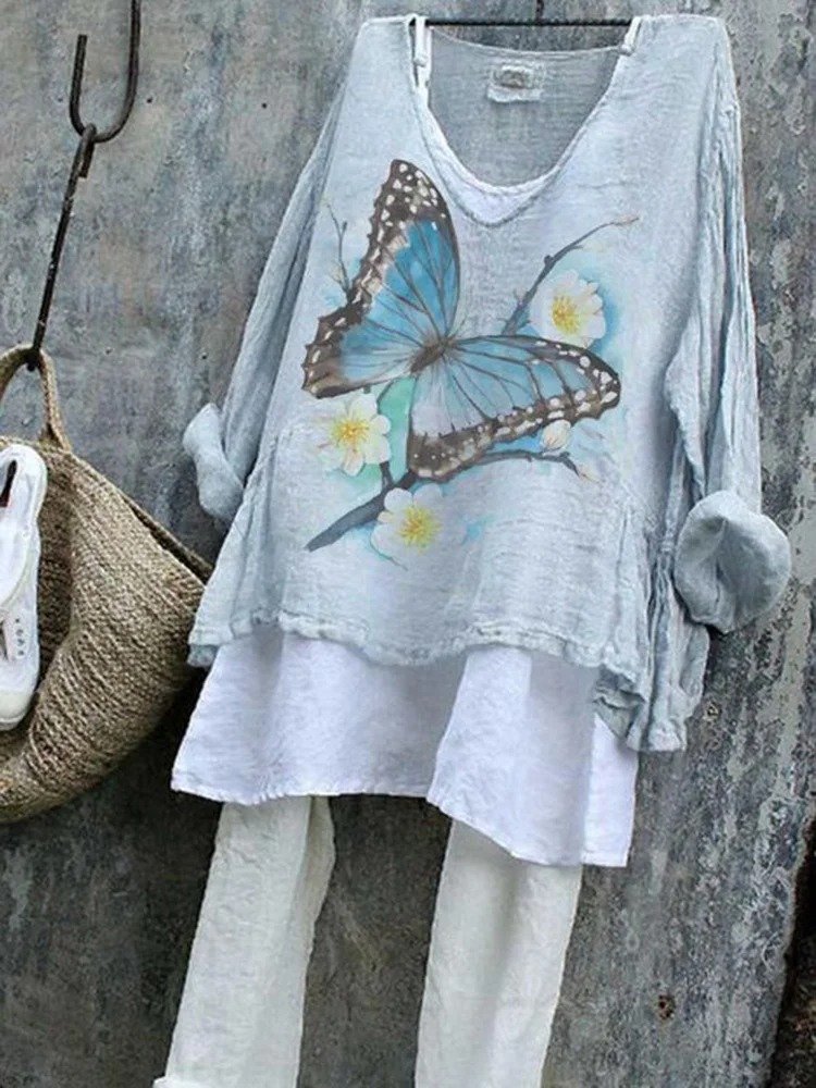 T-shirts Femmes Décontracté Printemps / Automne Papillon Micro-élasticité Quotidien Ample Manches Longues Régulier Trapèze