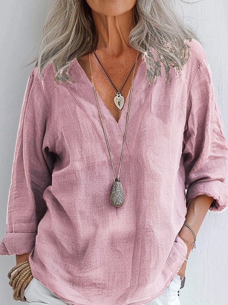 Chemises Décontracté Plain Printemps / Automne en Lin Col V Quotidien Coupe Régulière Manches Longues Régulier pour Femmes