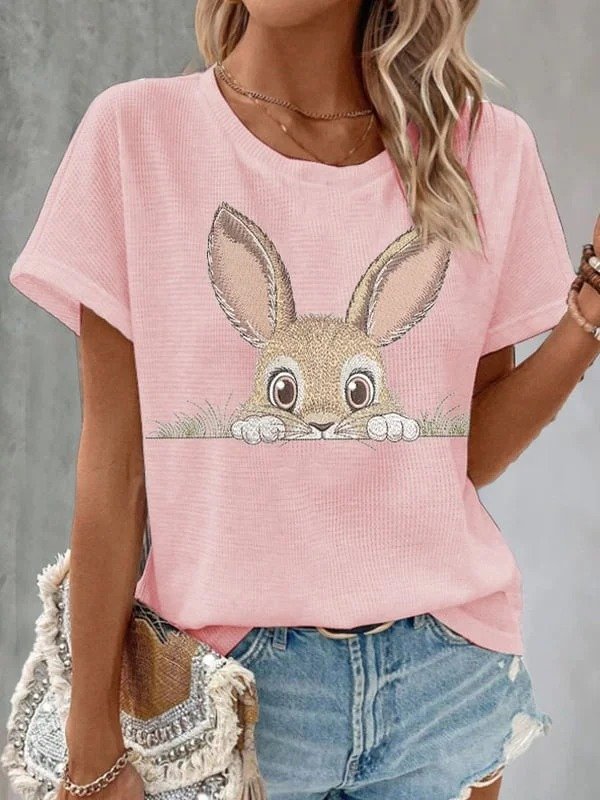 T-shirts Femmes Décontracté Été PÂQUES (lapin) Coton Quotidien Col Rond Régulier Trapèze Régulier