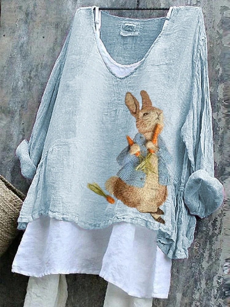 T-shirts en Lin Printemps / Automne PÂQUES (lapin) Polyester Micro-élasticité Quotidien Manches Longues Régulier Trapèze pour Femmes