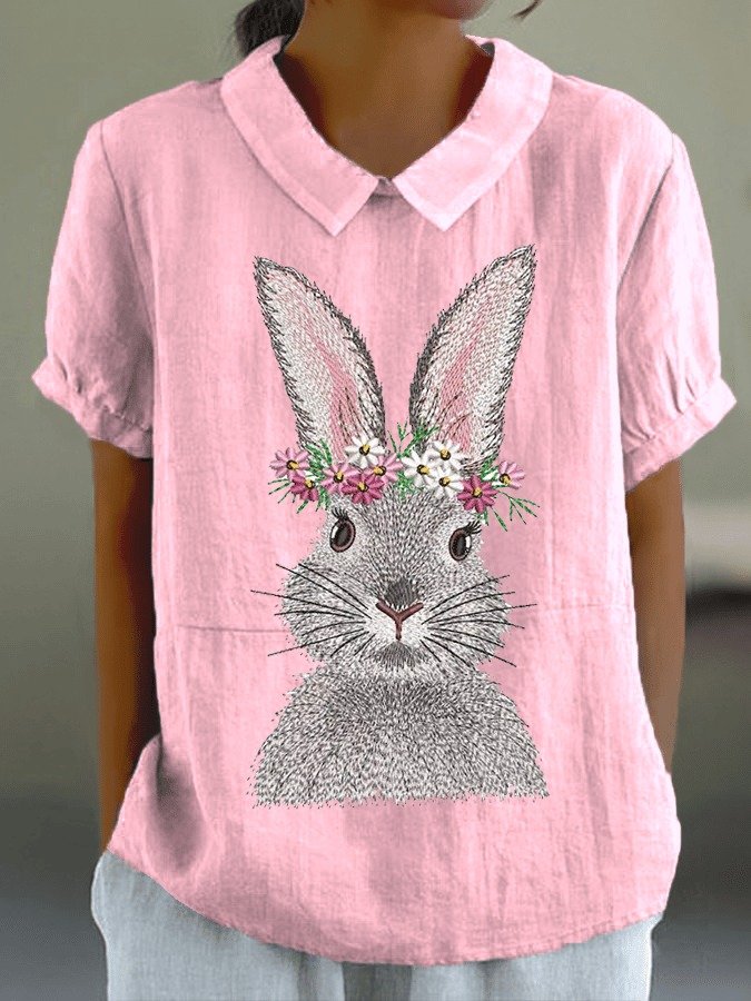 Blouses Femmes Élégant Été PÂQUES (lapin) Polyester Aucune élasticité Ample Demi Manche Col Châle Droit