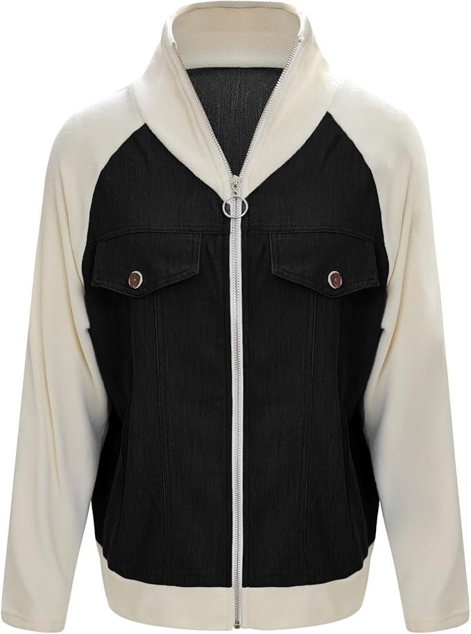 Col Châle Manches Longues Régulier Contrasté Couture Blouson Zip pour Femmes