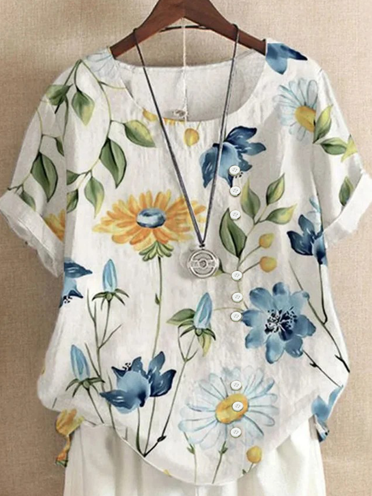 Blouses Décontracté Floral Été Coton Aucune élasticité Coupe Régulière Col Rond Régulier Droit pour Femmes