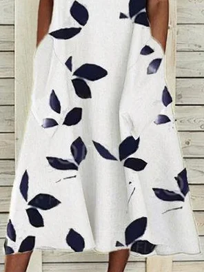 Femmes Floral Blanc Col Rond Confortable Imprimé Robe Maxi Décontracté