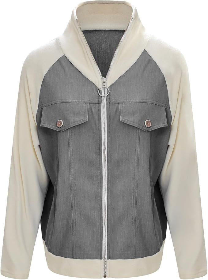 Col Châle Manches Longues Régulier Contrasté Couture Blouson Zip pour Femmes