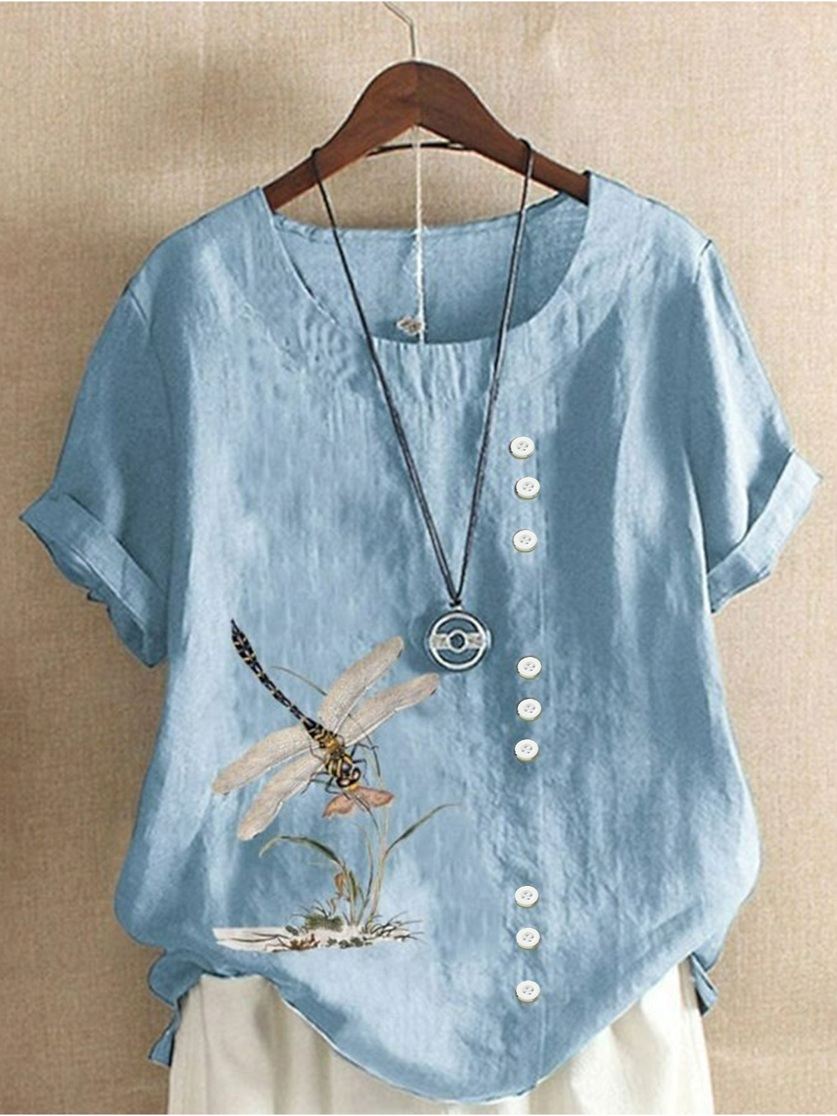 Blouses Simple Libellule Été Polyester Aucune élasticité Coupe Régulière Demi Manche Régulier Régulier pour Femmes