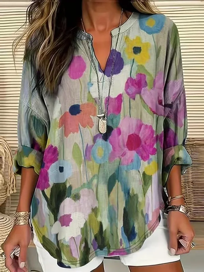 Blouses Décontracté Floral Printemps / Automne Imprimé Quotidien Manches Longues en Mélangé de Coton Régulier Trapèze pour Femmes