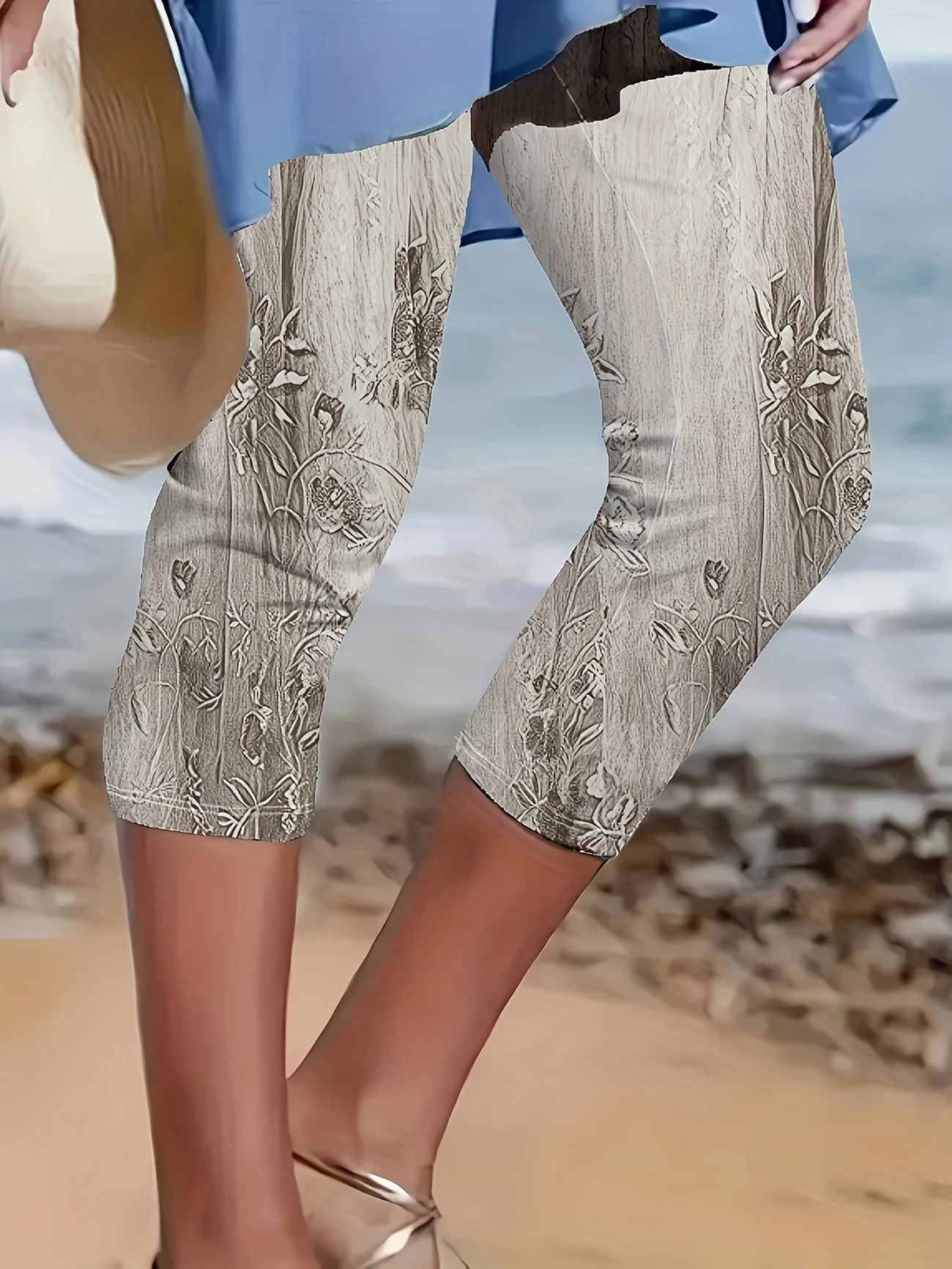 Pantalons Femmes Décontracté Floral Été Imprimé Naturel Taille Élastique Corsaire Régulier T.-N.-L.