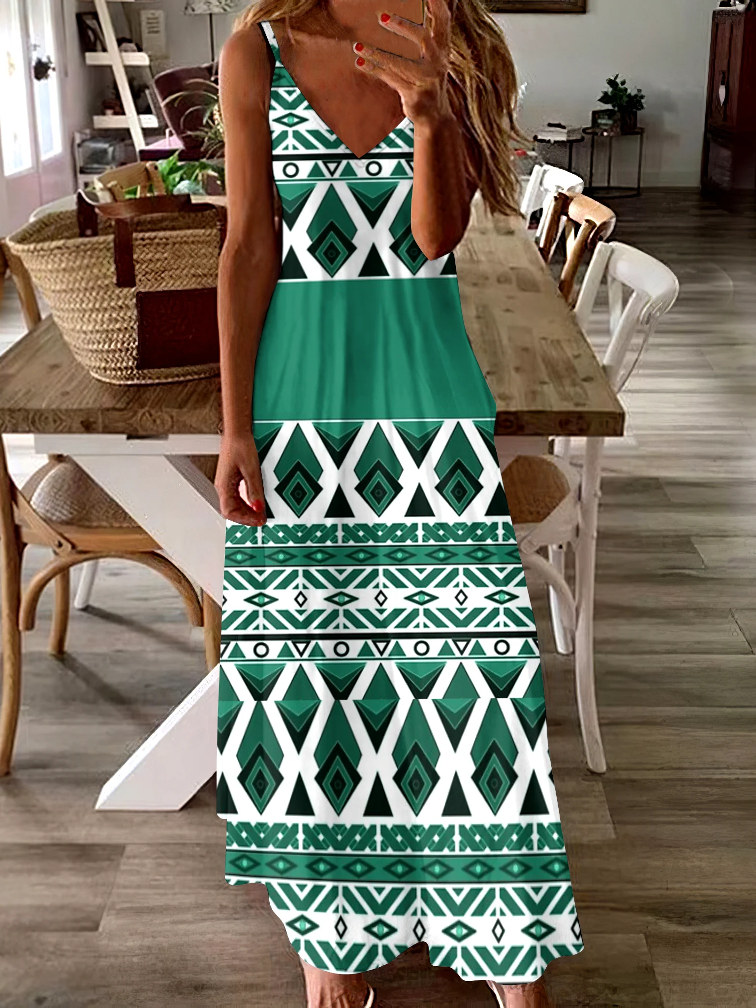 Femmes Géométrique Vert Col V Confortable Robe Maxi Décontracté