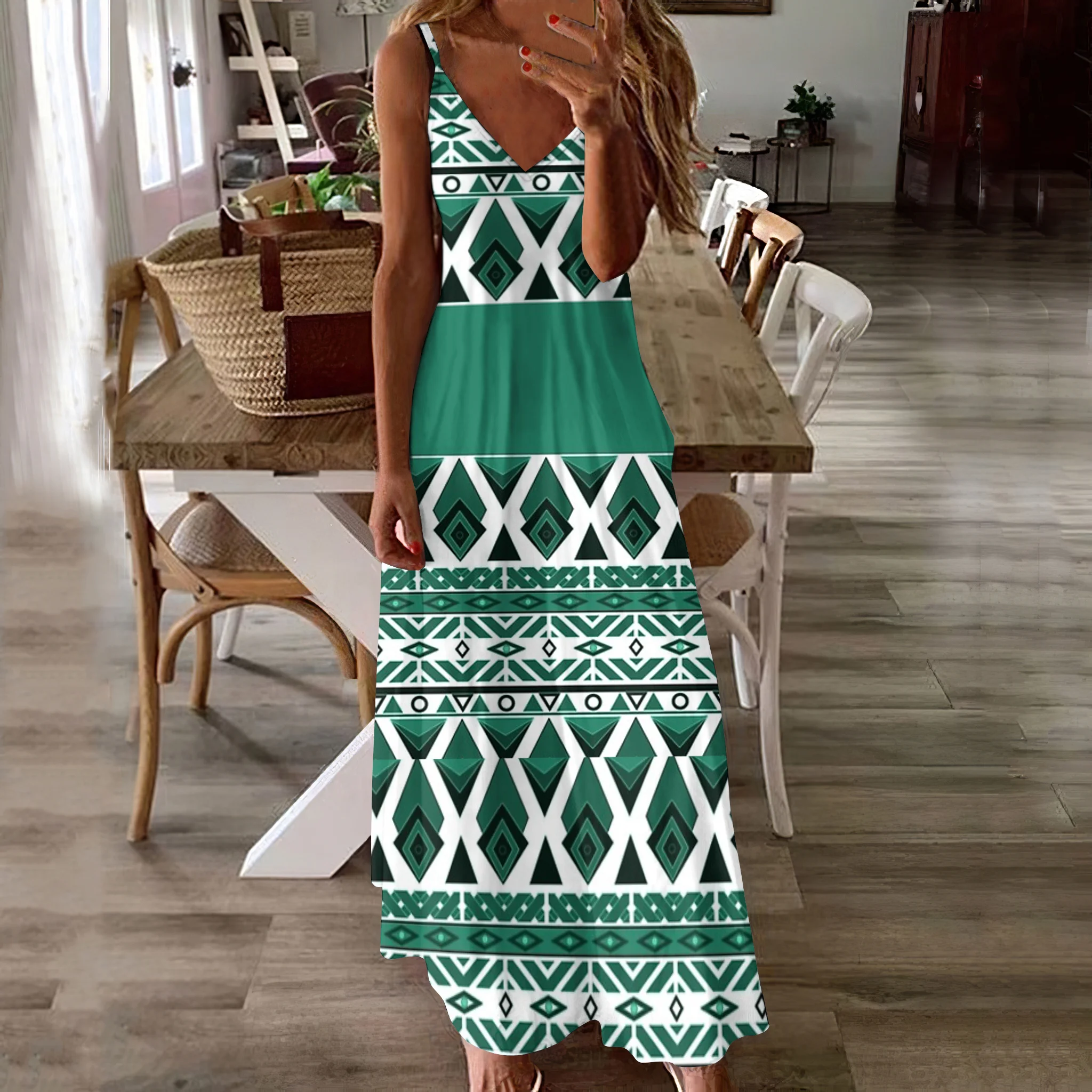 Femmes Géométrique Vert Col V Confortable Robe Maxi Décontracté