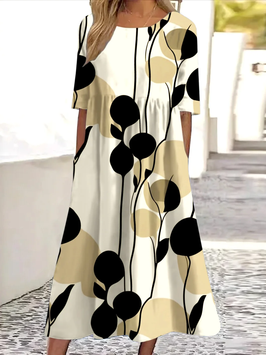 Femmes Floral Abricot Col Rond Confortable Robe Maxi Décontracté