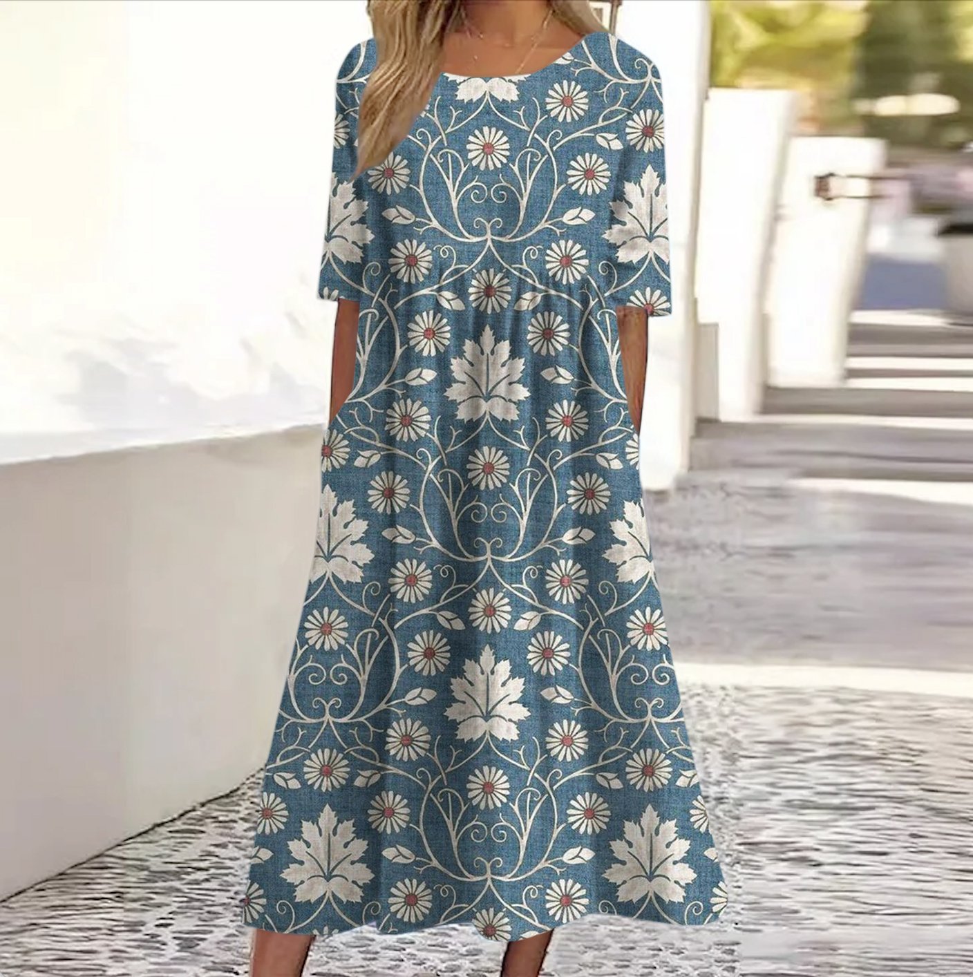 Femmes Floral Bleu Col Rond Confortable Robe Maxi Décontracté