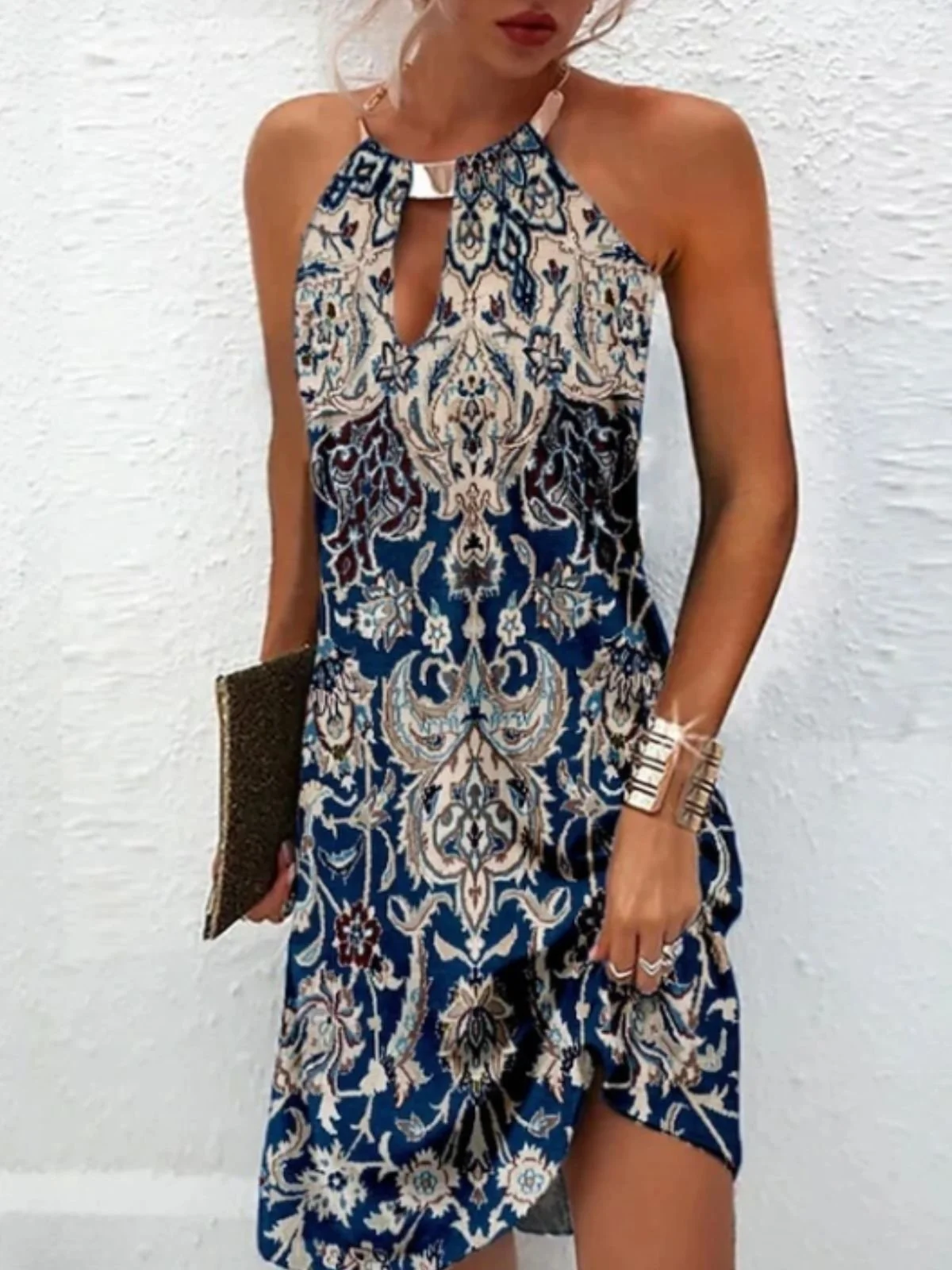 Femmes Floral Bleu Attaché au Cou Confortable Robe Mi-Longue Décontracté