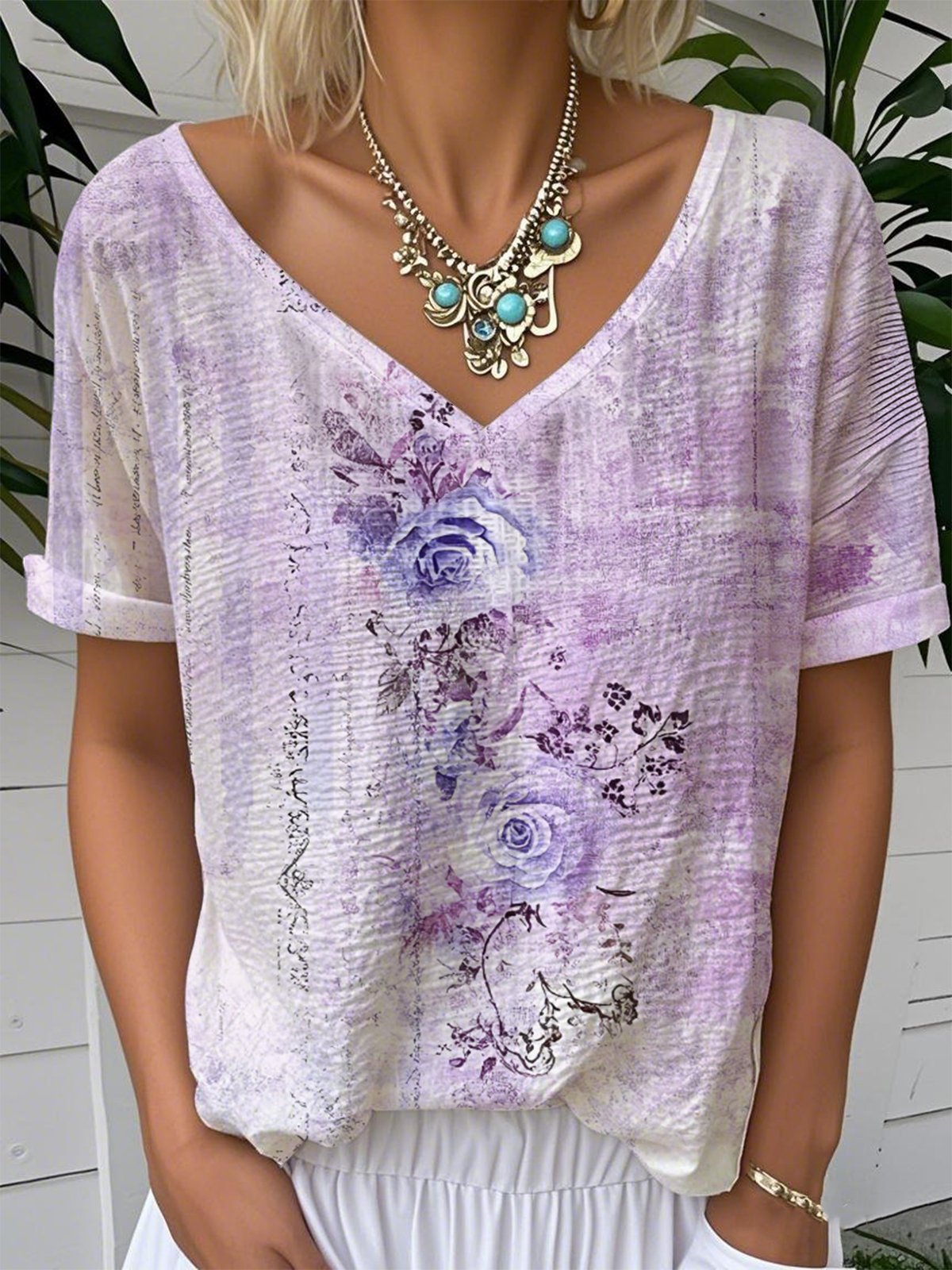 Blouses Décontracté Motif dégradé Été Naturel Ample Manches Courtes Régulier Droit Régulier pour Femmes