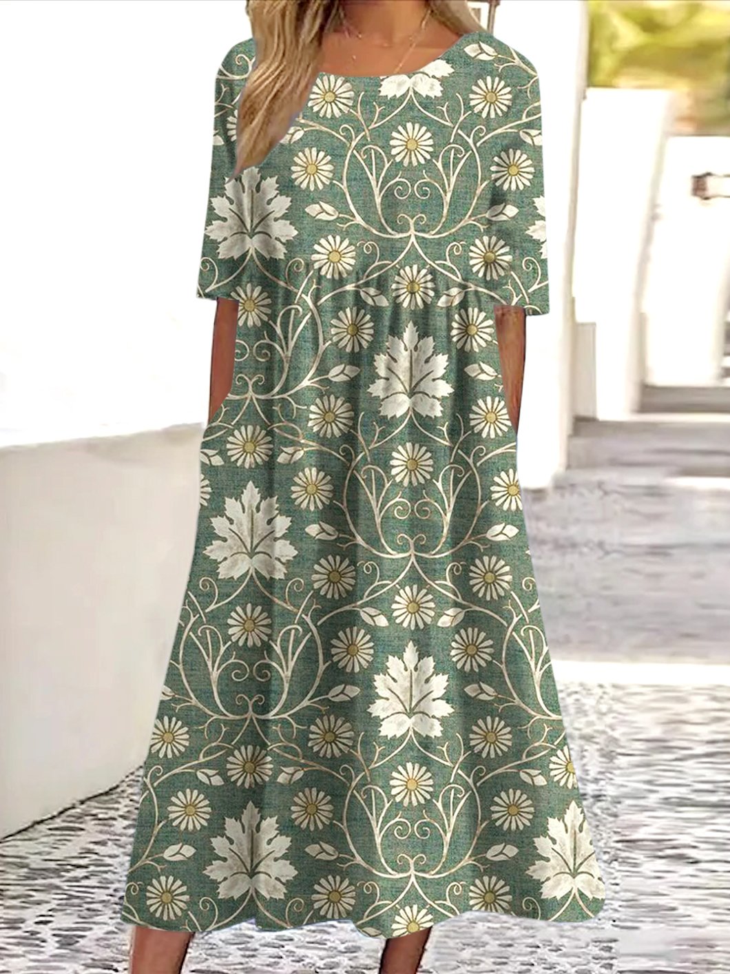 Femmes Floral Bleu Col Rond Confortable Robe Maxi Décontracté