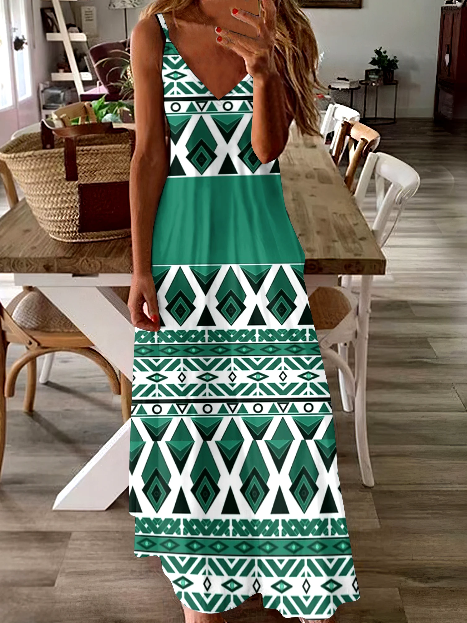 Femmes Géométrique Vert Col V Confortable Robe Maxi Décontracté