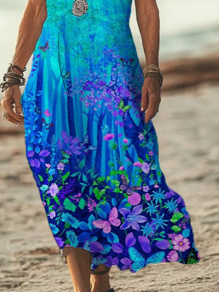 Femmes Floral Cyan Col V Confortable Imprimé Robe Maxi Décontracté