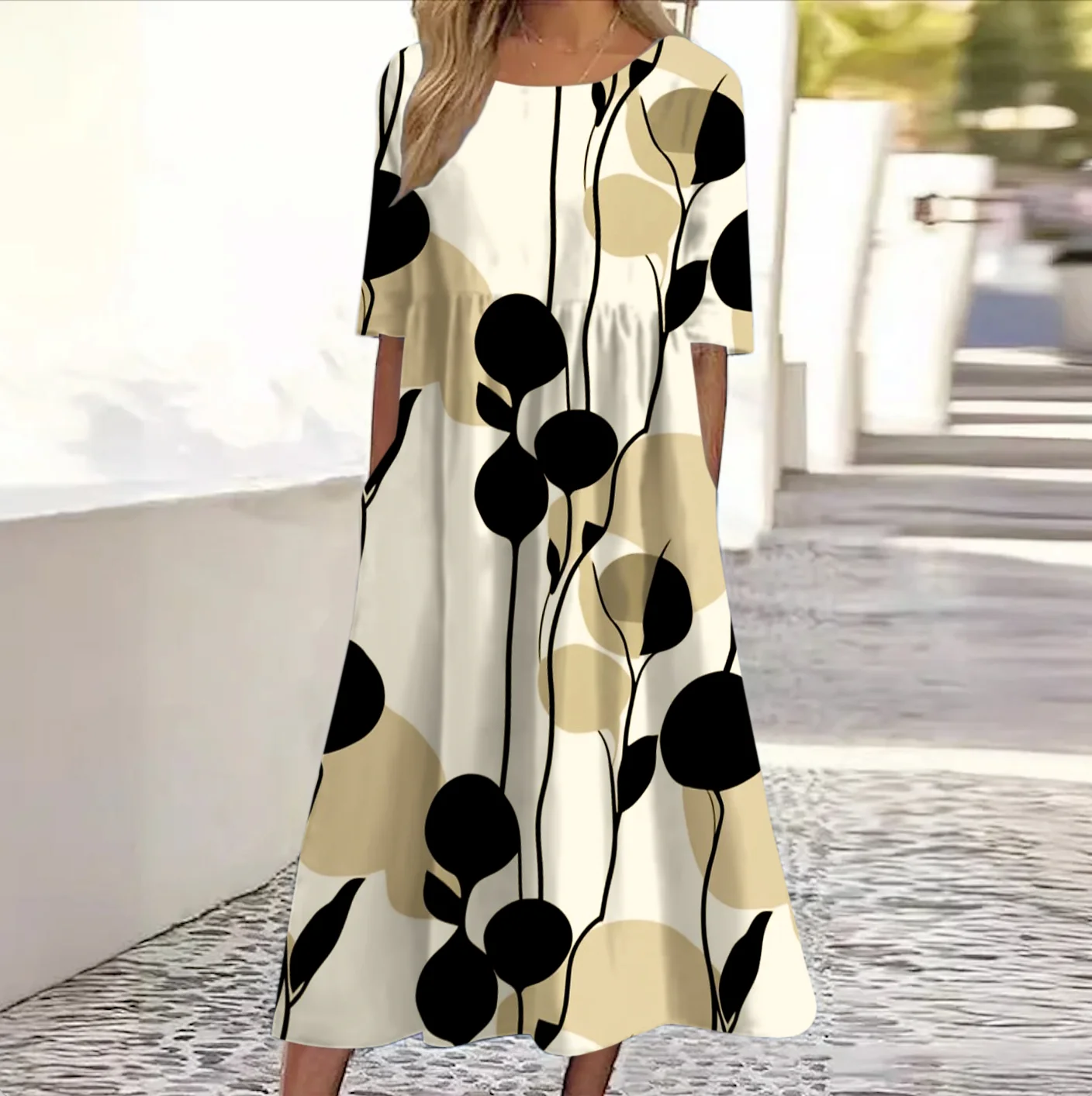 Femmes Floral Abricot Col Rond Confortable Robe Maxi Décontracté
