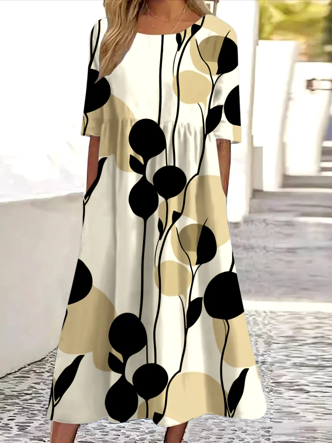 Femmes Floral Abricot Col Rond Confortable Robe Maxi Décontracté
