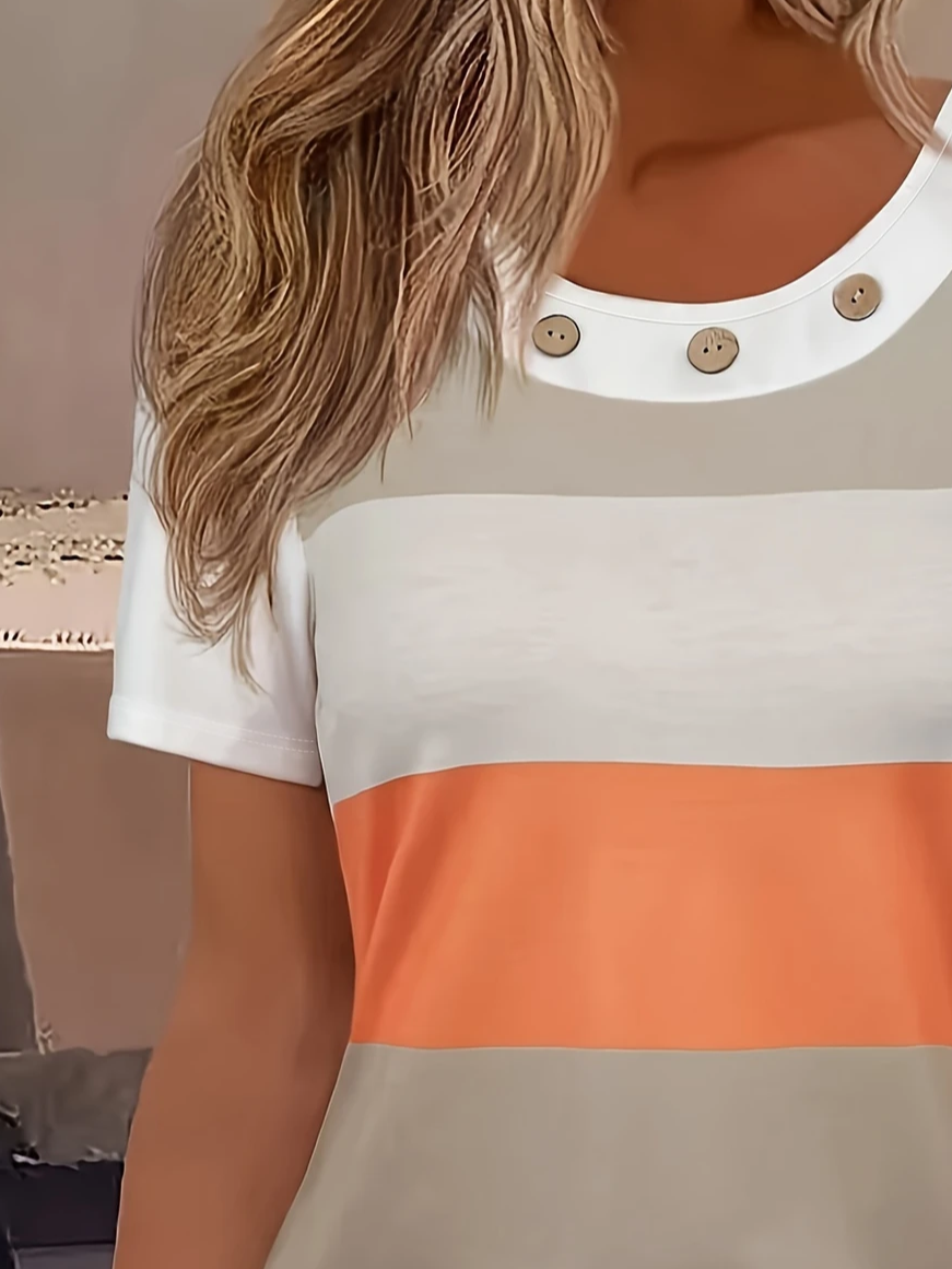 T-shirts Rayé Décontracté Été Micro-élasticité Manches Courtes Col Rond Régulier Droit Régulier pour Femmes