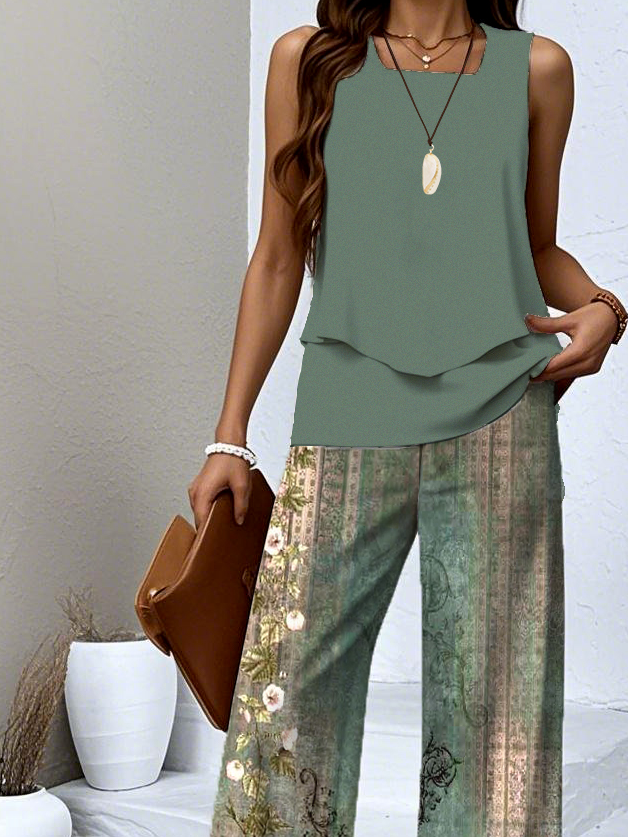 Deux Pièces Ensembles Décontracté Été Motif dégradé Polyester Aucune élasticité Coupe Régulière Top Avec Pantalons Trapèze Régulier pour Femmes