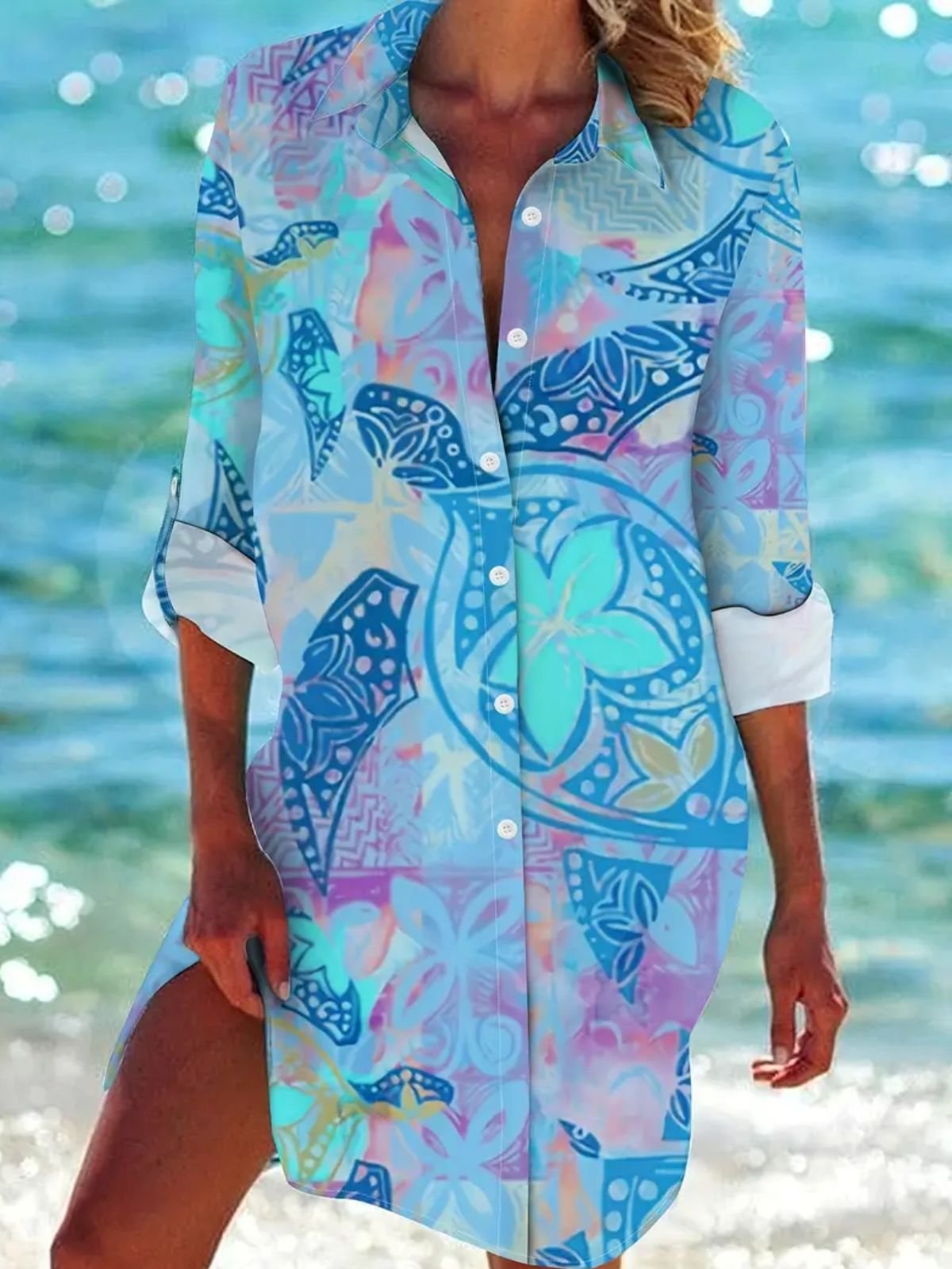 Femmes Marin Vie Bleu Col de Chemise Confortable Robe Mi-Longue Décontracté
