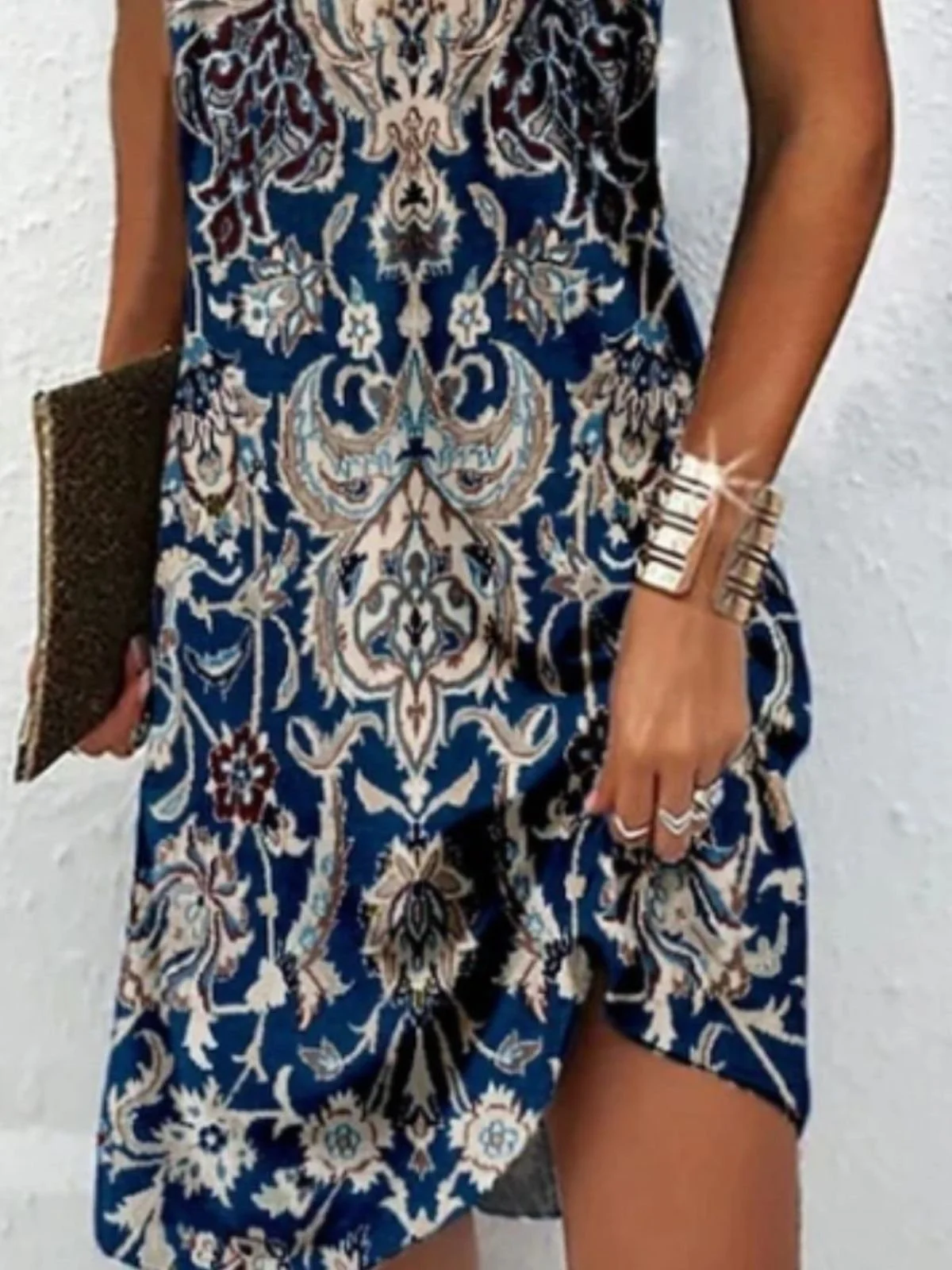 Femmes Floral Bleu Attaché au Cou Confortable Robe Mi-Longue Décontracté