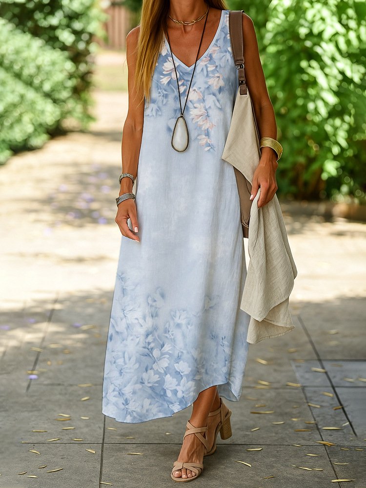 Femmes Floral Rose Col V Confortable Robe Maxi Décontracté