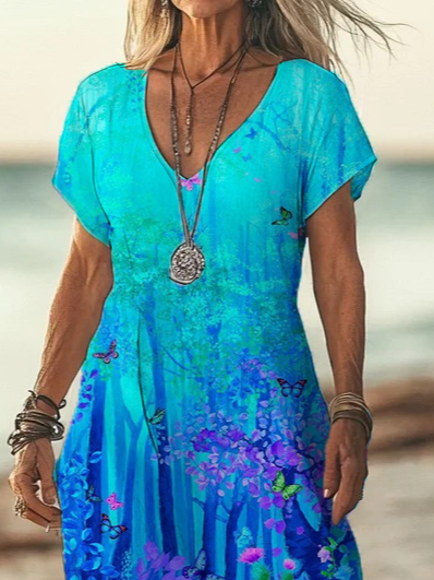 Femmes Floral Cyan Col V Confortable Imprimé Robe Maxi Décontracté