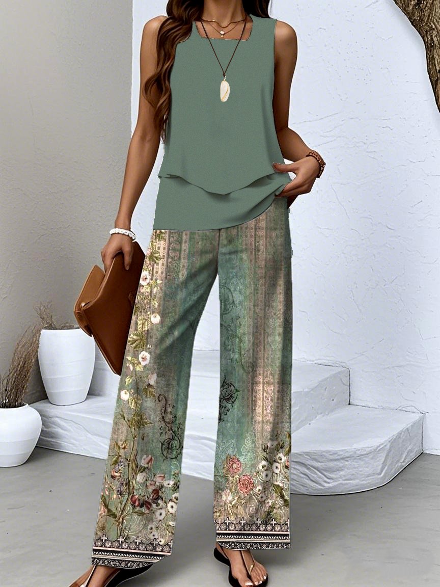 Deux Pièces Ensembles Décontracté Été Motif dégradé Polyester Aucune élasticité Coupe Régulière Top Avec Pantalons Trapèze Régulier pour Femmes