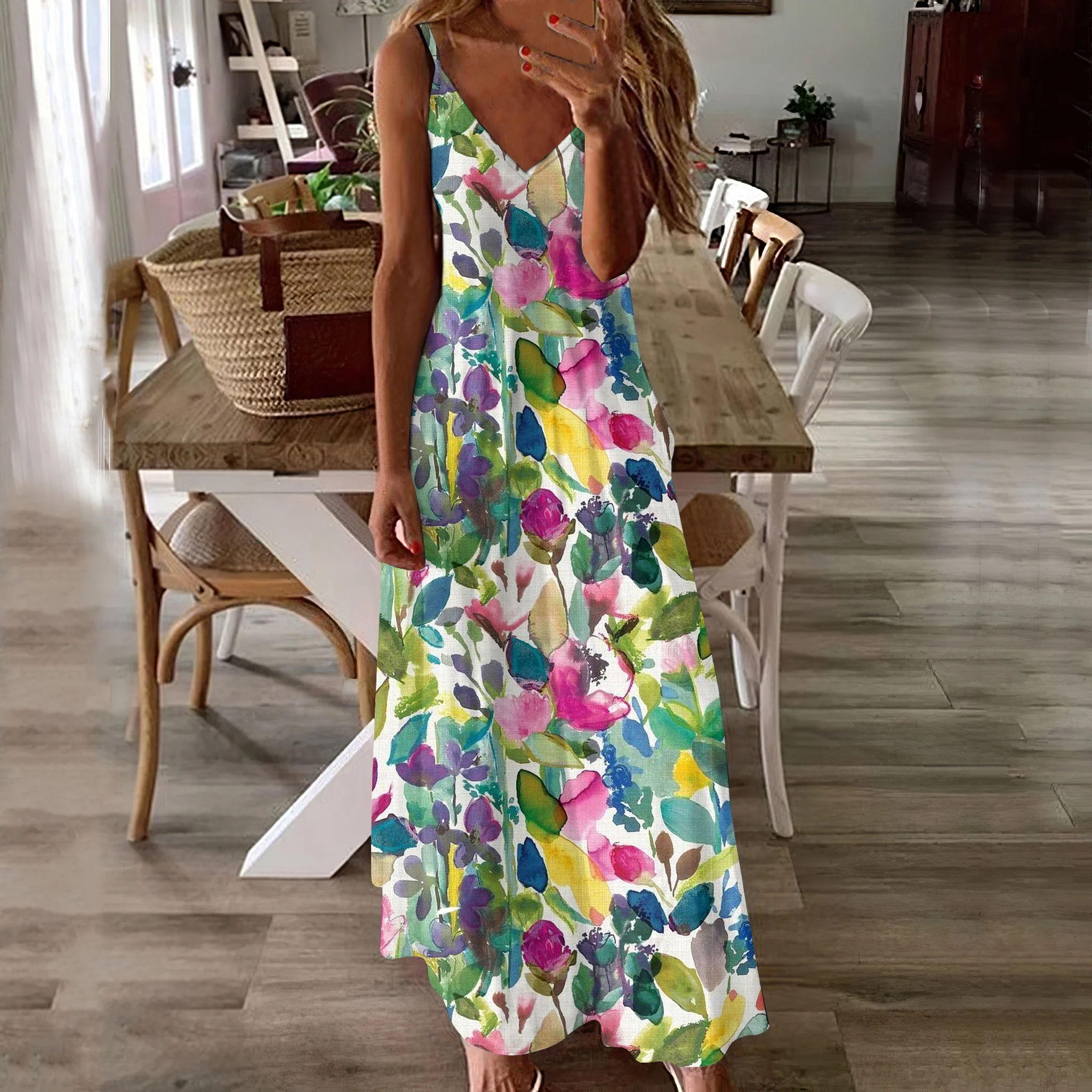 Femmes Floral Blanc à Bretelles Confortable Robe Maxi Décontracté