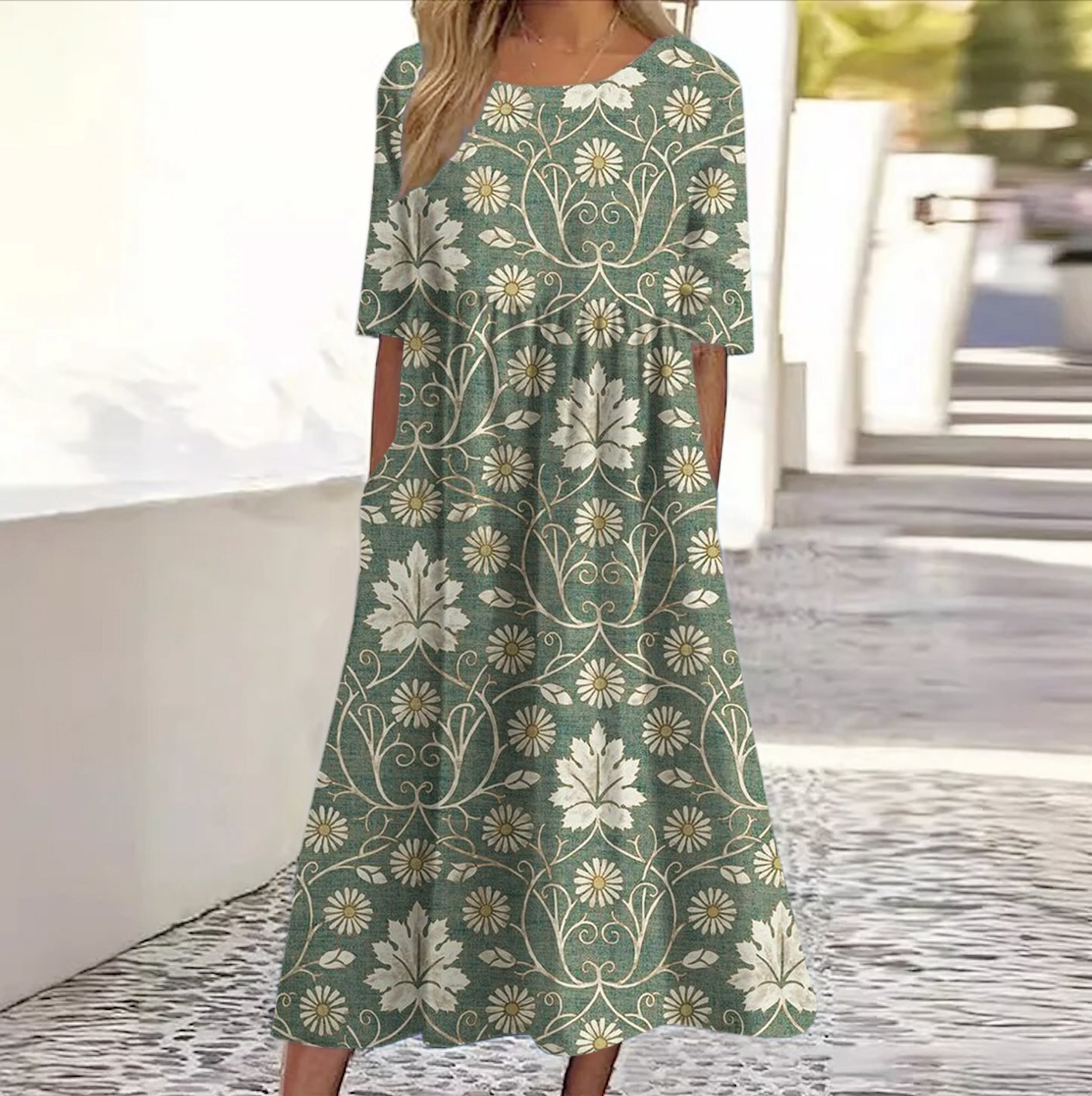 Femmes Floral Bleu Col Rond Confortable Robe Maxi Décontracté