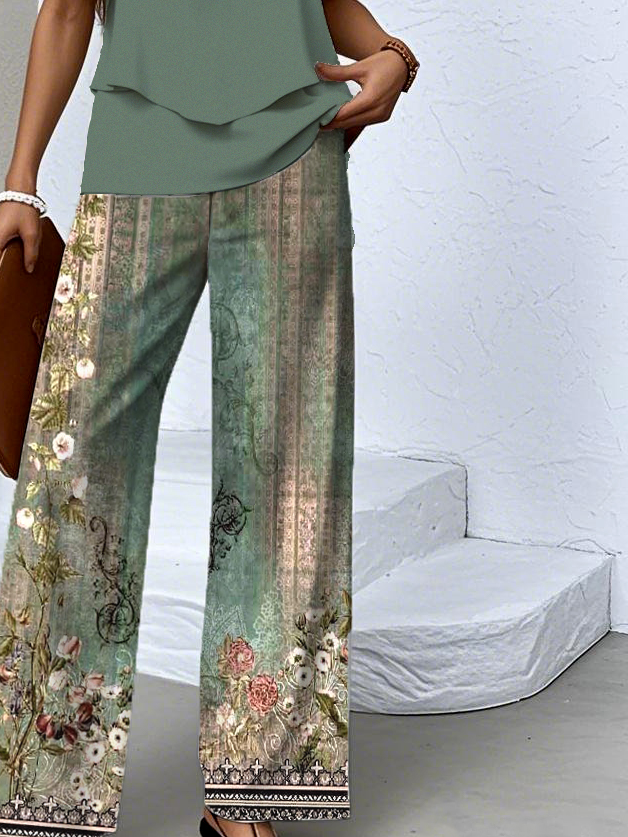 Deux Pièces Ensembles Décontracté Été Motif dégradé Polyester Aucune élasticité Coupe Régulière Top Avec Pantalons Trapèze Régulier pour Femmes