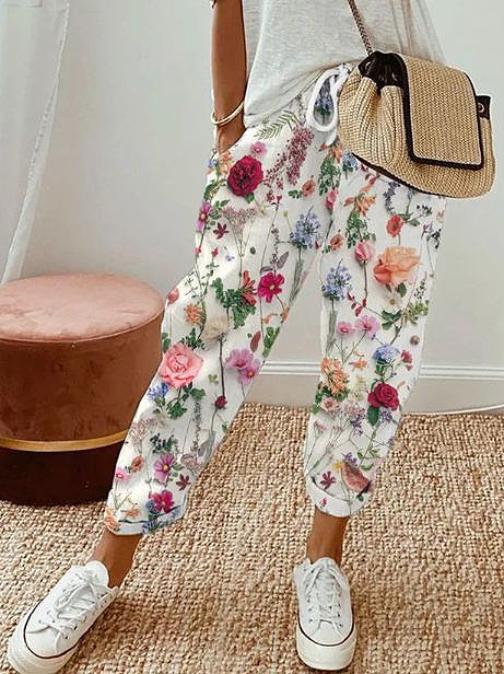 Pantalons Femmes Décontracté Floral Printemps / Automne Naturel Ample Long Droit Régulier Pantalon baggy