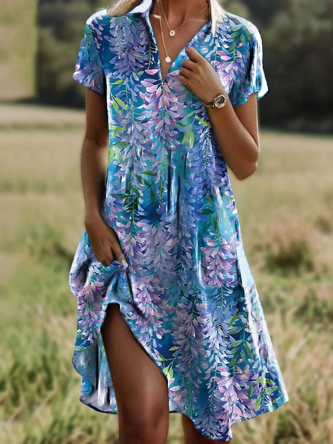 Femmes Floral Bleu Col de Chemise Confortable Robe Mi-Longue Décontracté