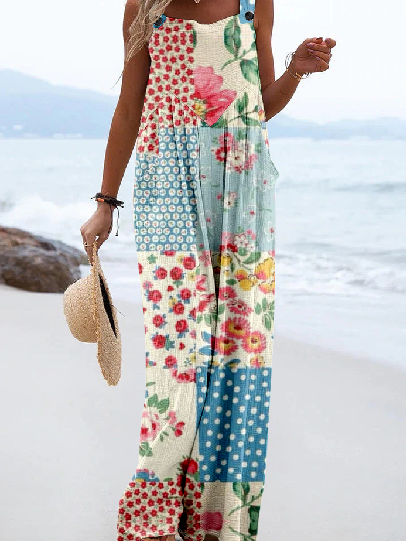 Combinaisons Multicolore Bloc Boho Été Léger Quotidien Ample Long Salopette Droit pour Femmes