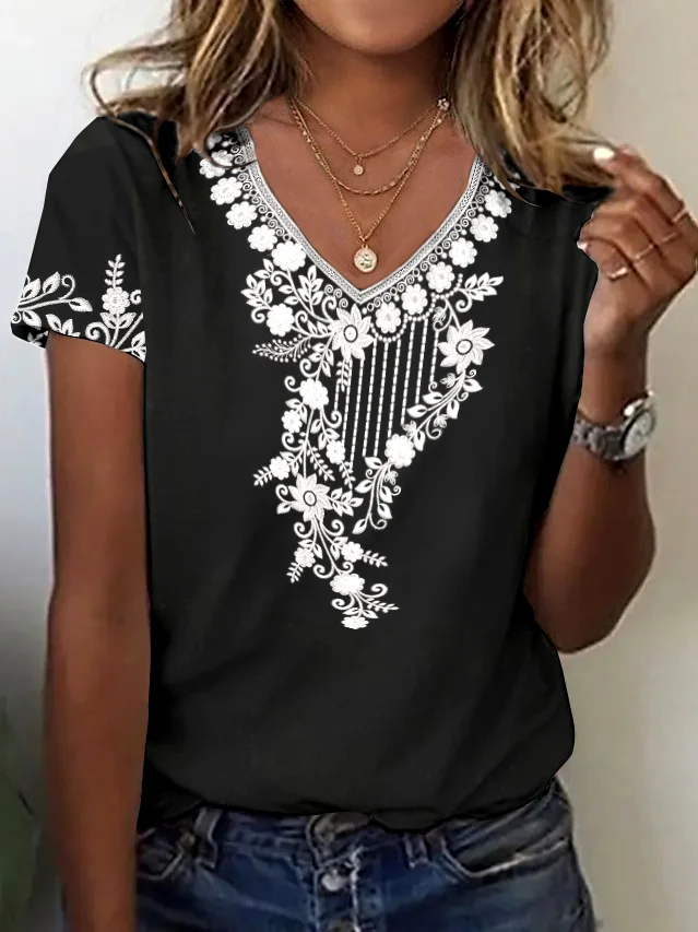 T-shirts Femmes Décontracté Floral Été Polyester Micro-élasticité Quotidien Régulier Trapèze Régulier