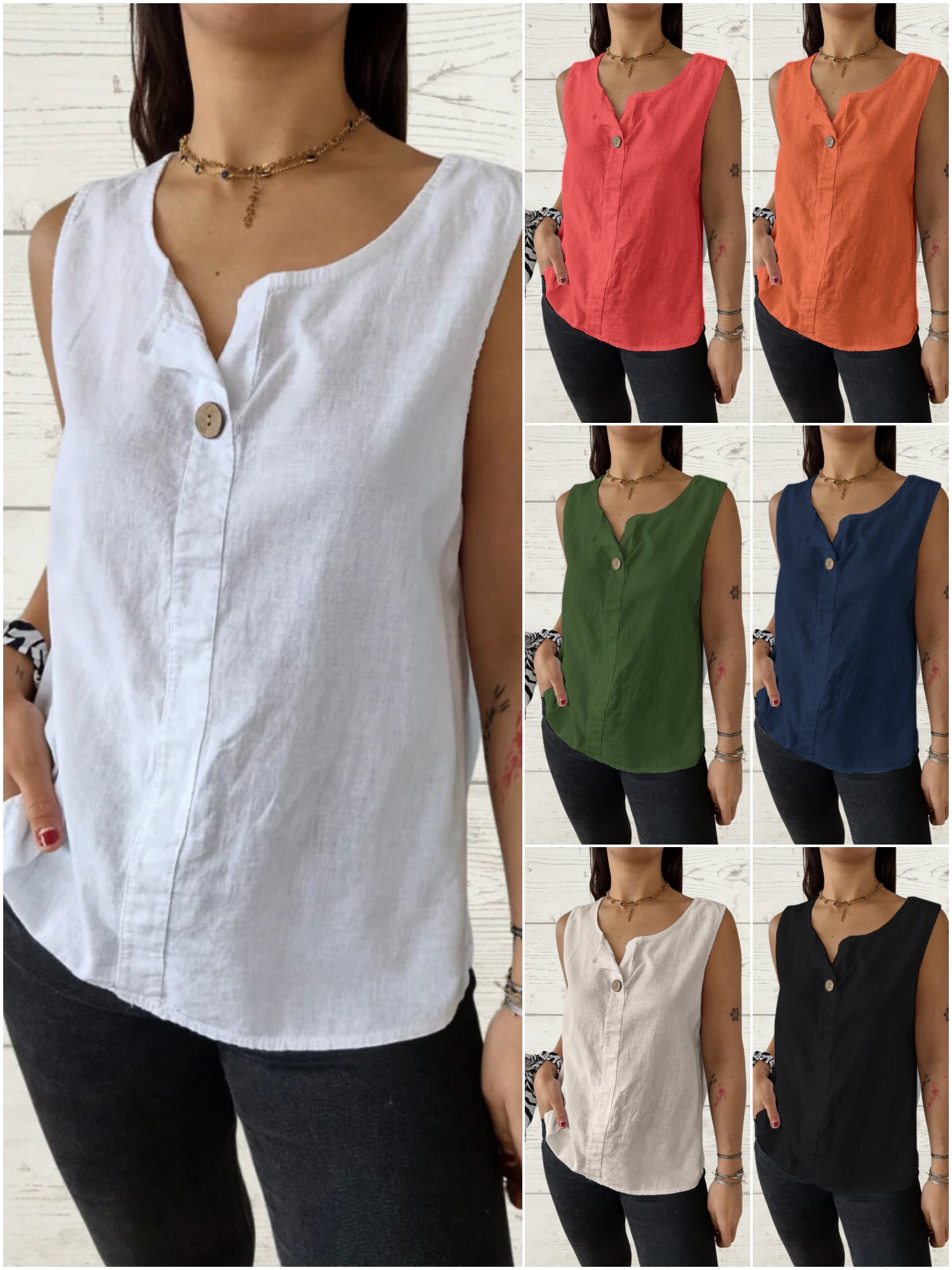 Chemises en Lin Plain Été Polyester Quotidien Sans Manches Régulier Trapèze Régulier pour Femmes