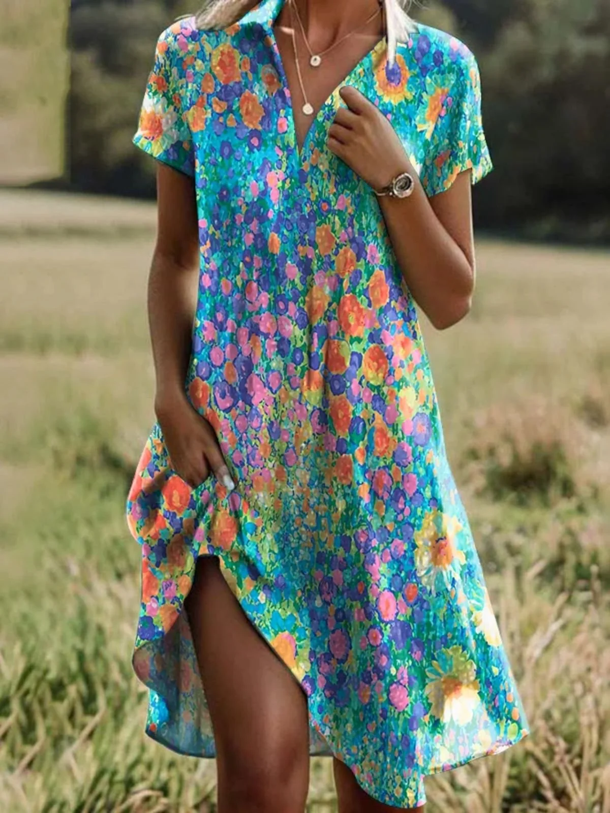 Femmes Floral Vert Col de Chemise Confortable Robe Mi-Longue Décontracté