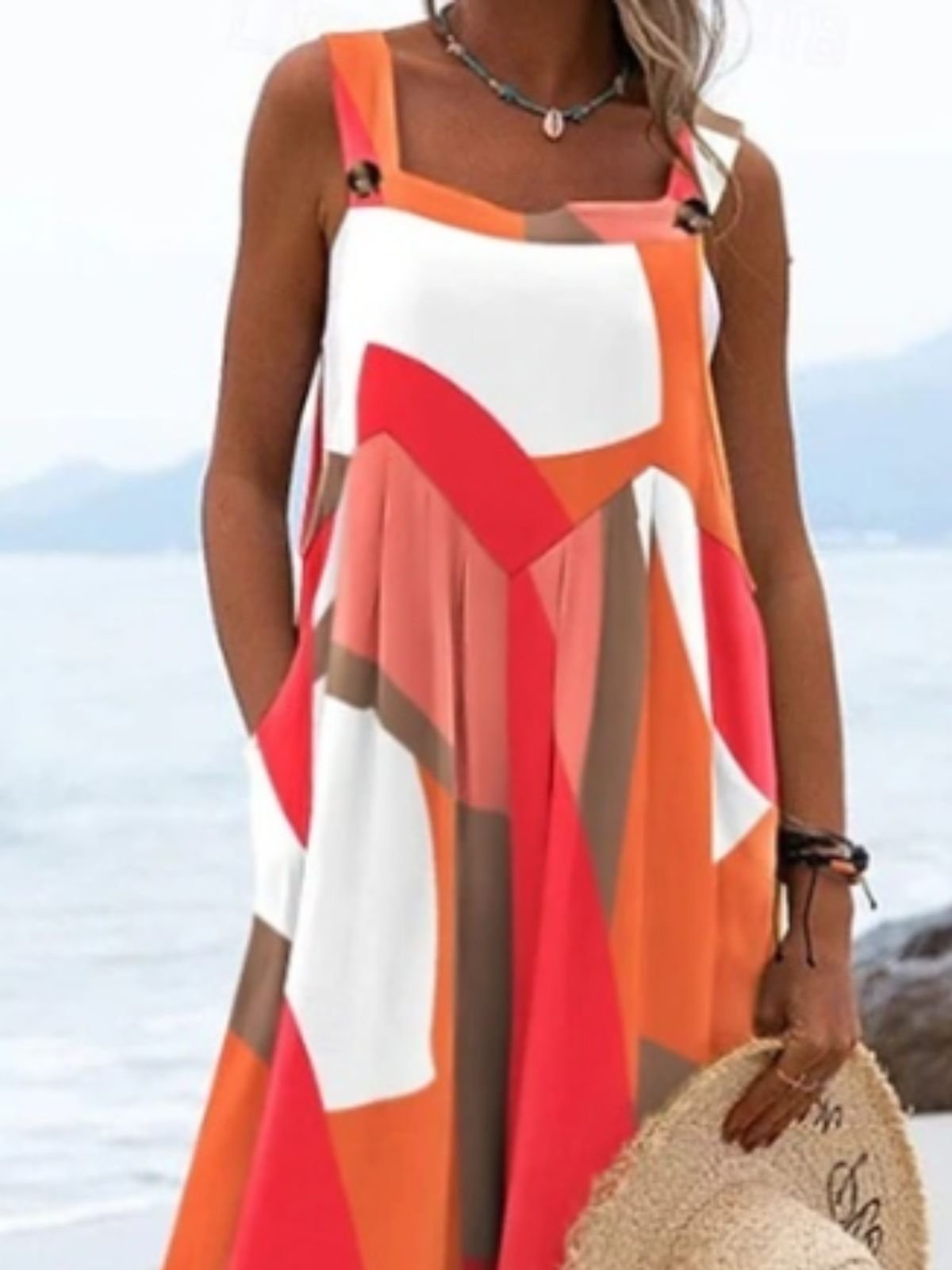 Combinaisons Vacances Été Multicolore Bloc Naturel Coupe Régulière Coton Et Lin Long Top Débardeur Régulier pour Femmes