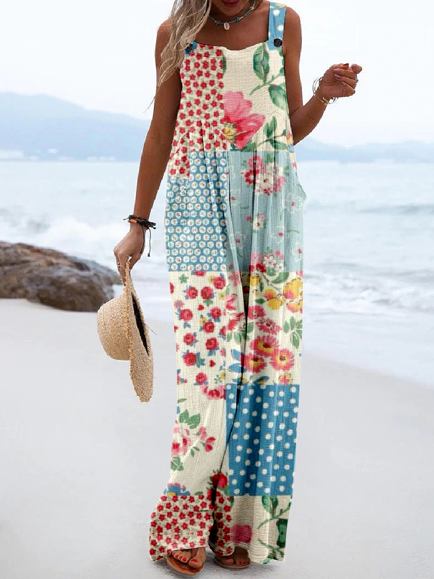 Combinaisons Multicolore Bloc Boho Été Léger Quotidien Ample Long Salopette Droit pour Femmes