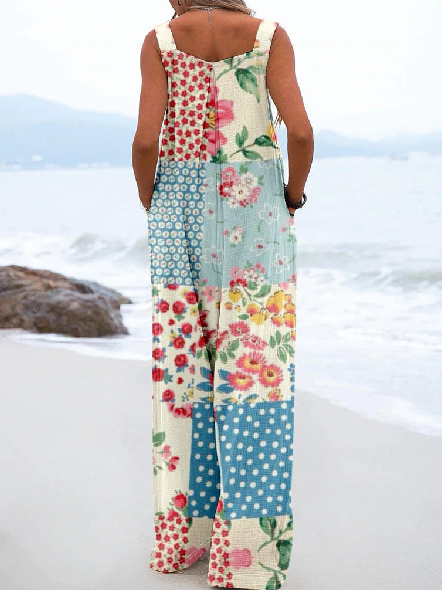 Combinaisons Multicolore Bloc Boho Été Léger Quotidien Ample Long Salopette Droit pour Femmes