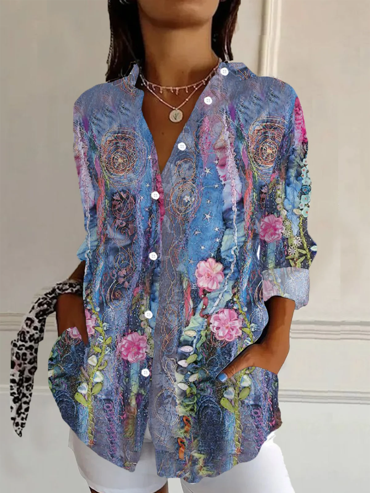 Chemises Femmes Décontracté Floral Printemps / Automne Polyester Aucune élasticité Droit Boucle Régulier Col de Chemise