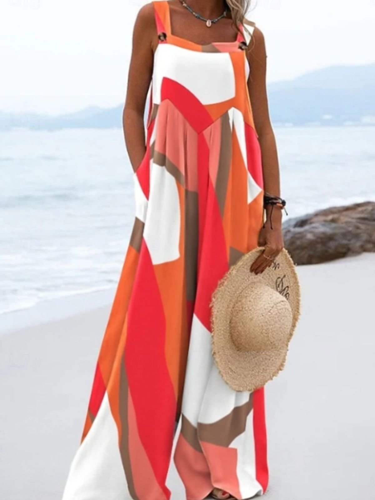 Combinaisons Vacances Été Multicolore Bloc Naturel Coupe Régulière Coton Et Lin Long Top Débardeur Régulier pour Femmes