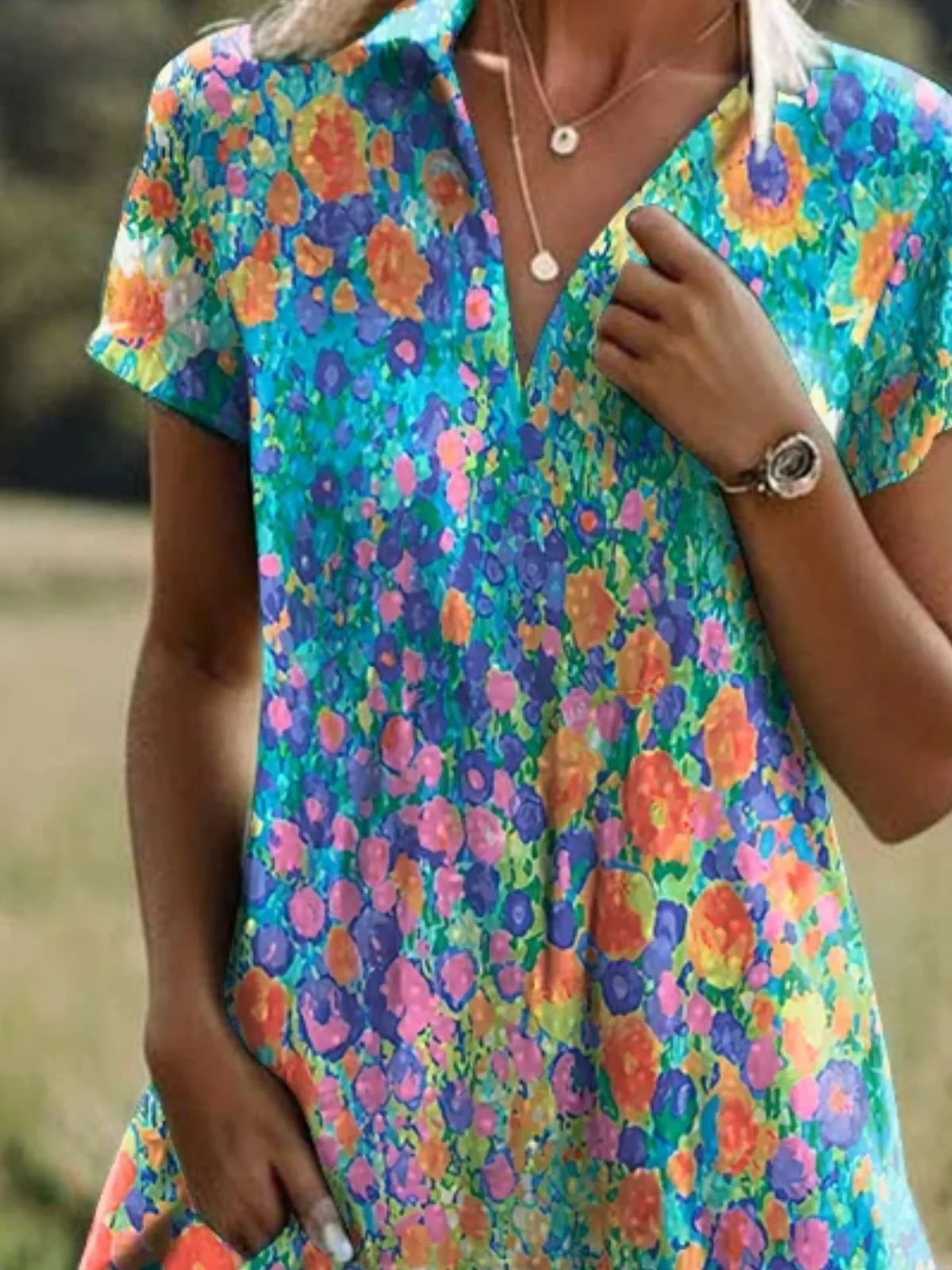 Femmes Floral Vert Col de Chemise Confortable Robe Mi-Longue Décontracté