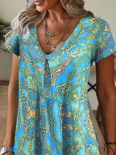 Femmes Floral Cyan Col V Confortable Imprimé Robe de Longueur Au Genou Décontracté